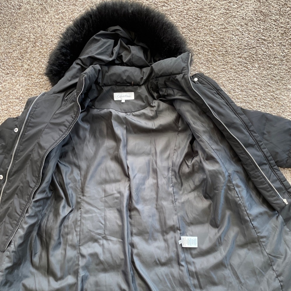 Calvin Klein Womens Black Down Fill Puffer Parka Coat Faux Fur Hood Large - Picture 9 of 16
